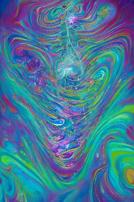 Image similar to fluid dynamics flow art a painting of a iridescent nebular with a colorful swirl shimmering with pearlescence, acrylic marbling art by sam spratt, beksinski, deviantart, psychedelic art, psychedelic, cosmic horror, chromatic