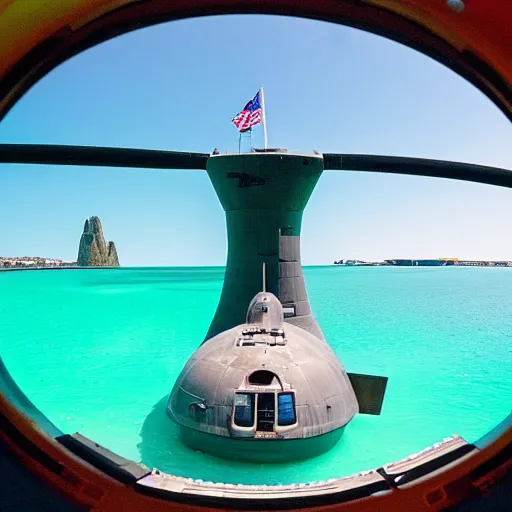 Image similar to view of atlantis through the port hole of a submarine.