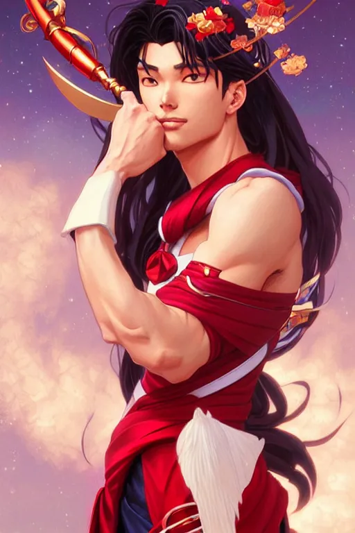 Image similar to a male version of Sailor Mars, fantasy, intricate, elegant, highly detailed, digital painting, artstation, concept art, matte, sharp focus, illustration, art by Artgerm and Greg Rutkowski and Alphonse Mucha