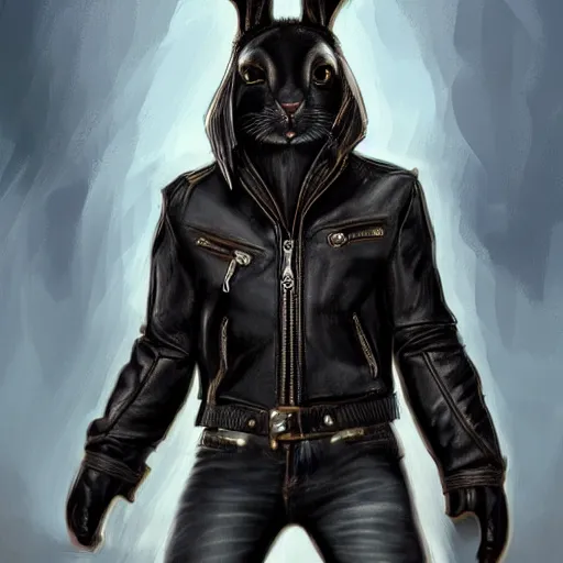 Prompt: A bunny with a small head wearing a fine intricate leather jacket and leather jeans and leather gloves, trending on FurAffinity, energetic, dynamic, digital art, highly detailed, FurAffinity, high quality, digital fantasy art, FurAffinity
