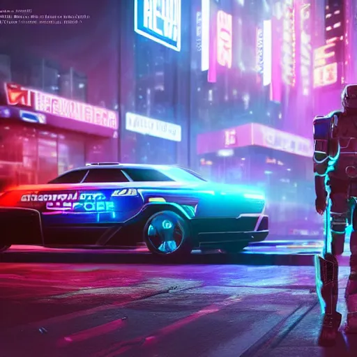 Prompt: A cyber police officer standing next to a futuristic police car in a cyberpunk city, ultrarealistic, detailed, dimly lit, neon lit signs, neon, sci fi, 4k, artstation, octane, unreal