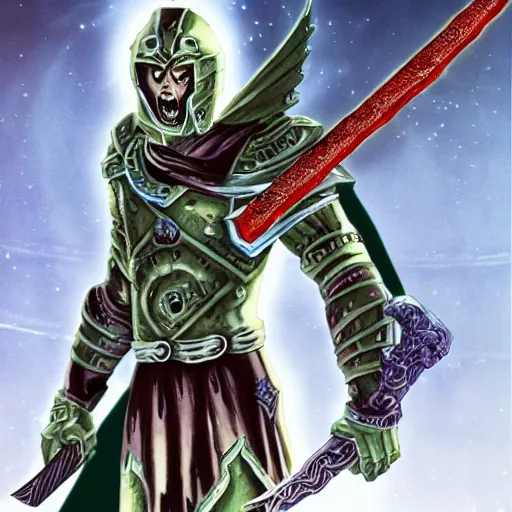 Image similar to the necro sword and of its might being held by a spartan from another planet, full body portrait, highdetailed,