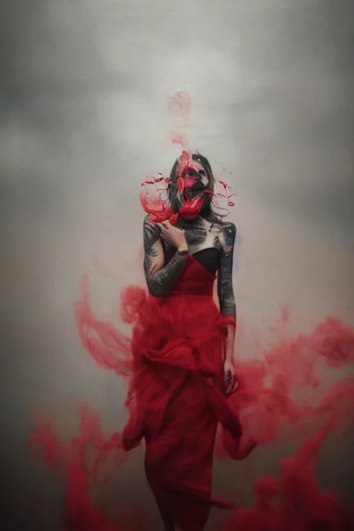 Image similar to tattooed beautiful cult girl smoke swirling and smiling, red dress, drug trip, symmetric, dark, moody, eerie religious composition, photorealistic oil painting, post modernist layering, by Sean Yoro