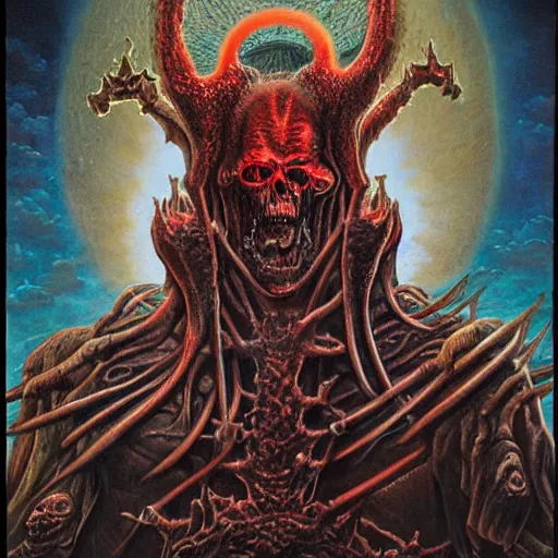 Prompt: a death metal album cover art depicting benjamin netanyahu as a hellish overlord, by wayne barlowe