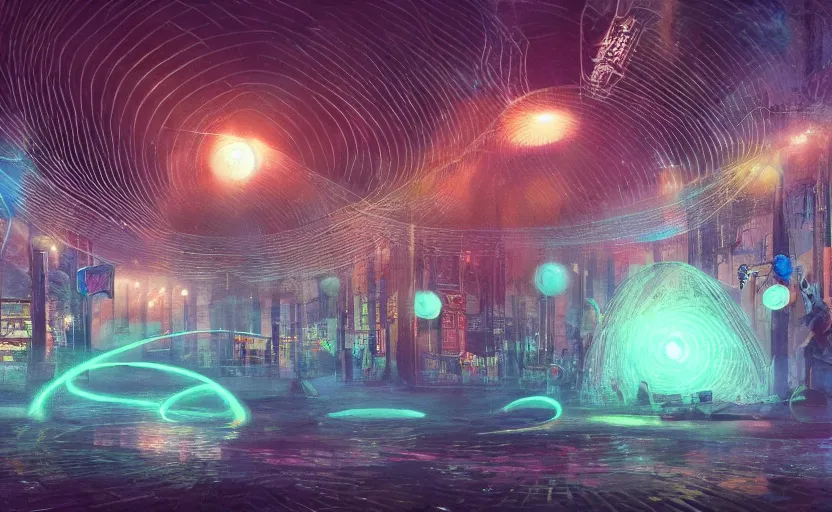 Image similar to pepople and a spiral - shaped white luminous attractor is floating on the ground in soviet city, concept art, art for the game, professional lighting, art painted by jehronym bosch