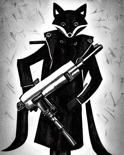 Image similar to a fox wearing a black trench - coat holding a mini - gun, comic art style, digital art,