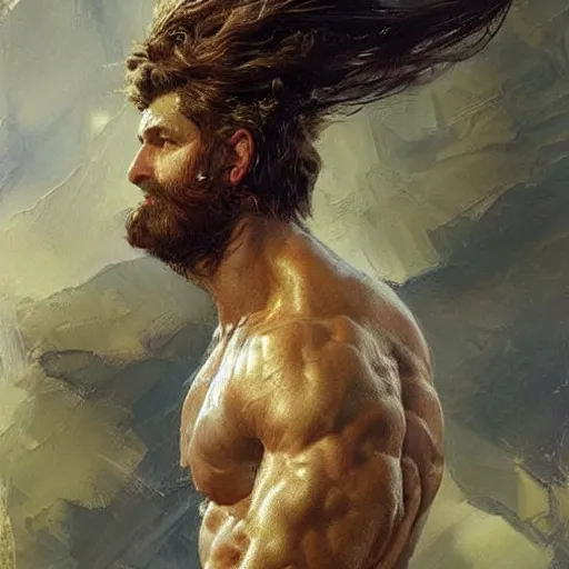 Image similar to young warrior marching toward the viewer, male, muscular, green eyes!!!!, straight nose!!!!!, beard, detailed face, thighs!!!!! gorgeous, amazing, toned, intricate, highly detailed, painting by Gaston Bussiere, Craig Mullins