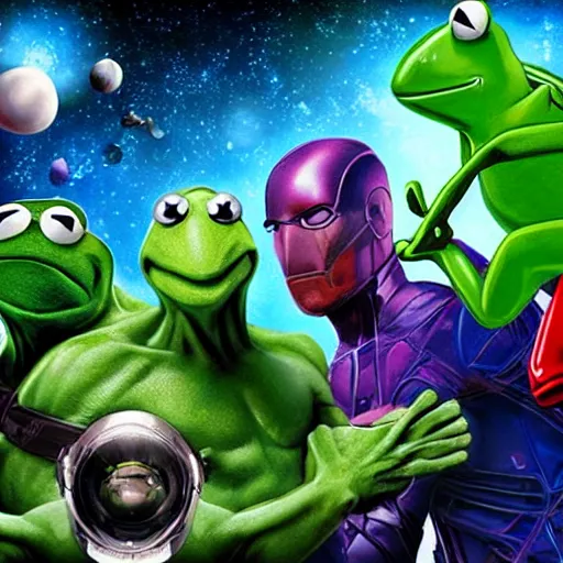 Image similar to the avengers battle one kermit the frog in space, galaxy, hd, 8 k, explosions, gunfire, lasers, giant, epic, showdown, colorful, realistic photo, unreal engine, stars, prophecy, epic oil painting, powerful, diffused lighting, destroyed planet, debris, justice league, movie poster, violent, sinister, ray tracing, dynamic, print