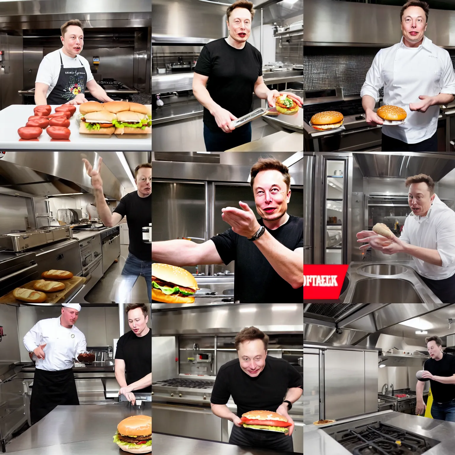 Prompt: elon musk fliipping a hamburger in a kitchen