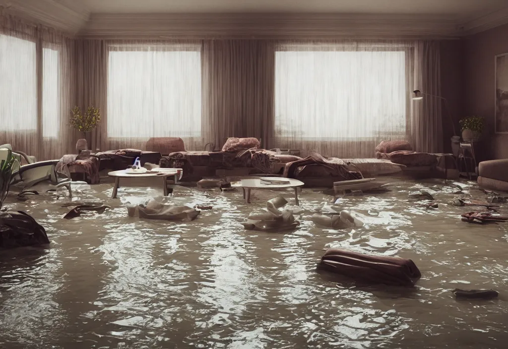 Image similar to kodak portra 4 0 0 photographic and realistic, 7 0 s living room, detailed, octane render, unreal engine, 4 k, artstation, hyper realistic, wide angle, floor flooded, how a river, objects that float, 3 5 mm, sharp focus, soft light, volumetric light fog, in the style of gregory crewdson