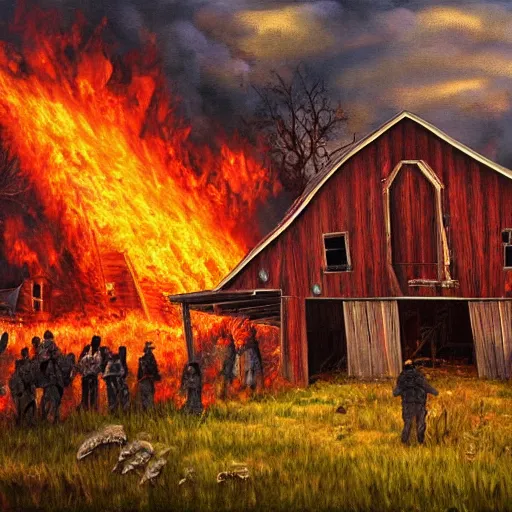 Prompt: burning barn with zombies 4k oil painting