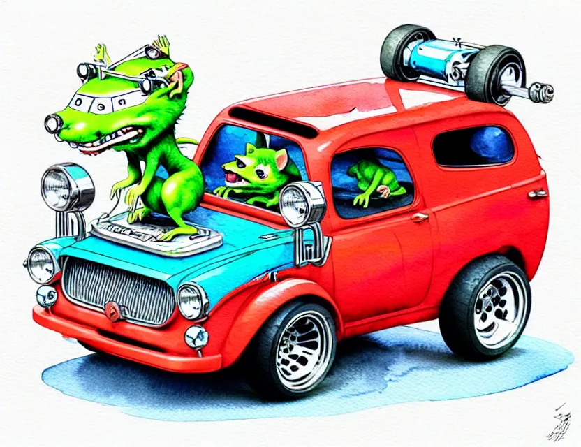 Prompt: cute and funny, weasel riding in a tiny hot rod with oversized engine, ratfink style by ed roth, centered award winning watercolor pen illustration, isometric illustration by chihiro iwasaki, edited by range murata, tiny details by artgerm and watercolor girl, symmetrically isometrically centered