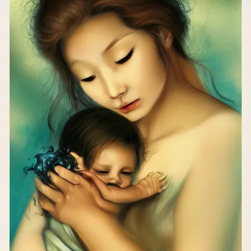 Prompt: beautiful woman cradling her child made of fire by stanley lau, elegant, realistic, loving