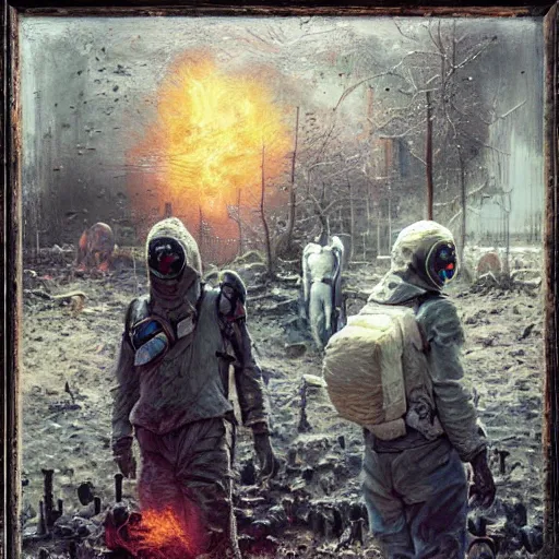 Image similar to hazmat surrealist wandering, jpeg artefacts on canvas, by seb mckinnon and james gurney and greg rutkowski, highly detailed, hdr