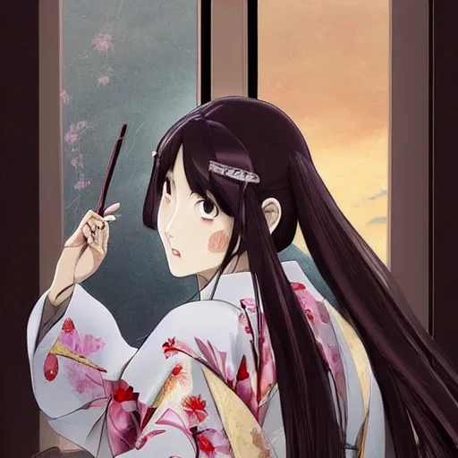Prompt: advanced digital anime art, photograph , elegant woman with silver and red eyes wearing a kimono and cutting long black hair holding a katana while looking in the reflection of a glass window, painted by RossDraws in the style of Makoto Shinkai, very high detail, medium sensor , Gaussian blur, f/stop, 35mm lens, —W 1920 —H 1080