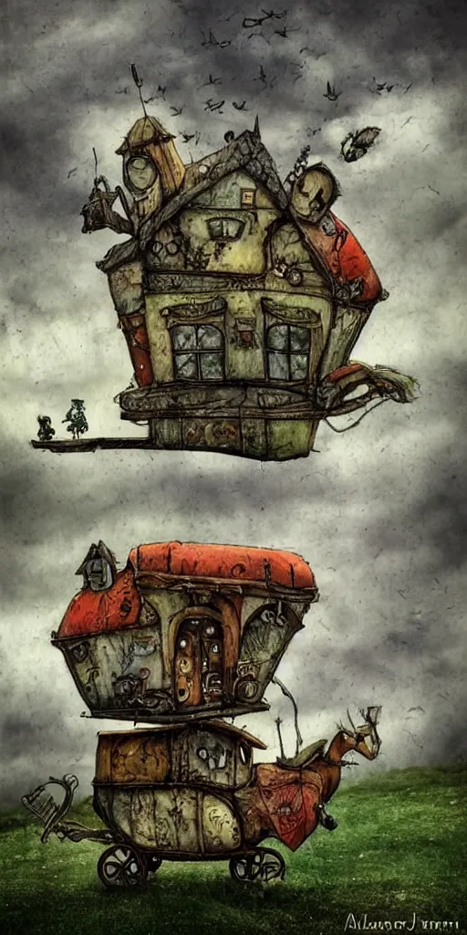 Prompt: a flying caravan by alexander jansson