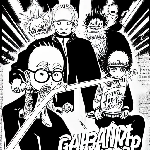 Image similar to “bad grandpa” graphic novel illustrated by Kishimoto published on Shonen Jump 2017 black and white pen and ink highly detailed