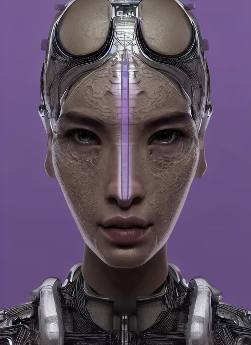 Prompt: beautiful portrait of an alien cyborg, style of Feng Zhu, Artstation geometric, aesthetic, smooth skin, unique features, symmetrical, intricate crown, high fashion, streetwear, cyberpunk, detailed, octane render, cinematic, 8k, purple skin,