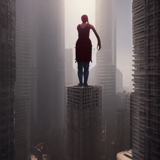 Prompt: a woman standing on top of a tall building, a detailed matte painting by Jeremy Geddes, trending on cgsociety, panfuturism, playstation 5 screenshot, unreal engine, unreal engine 5