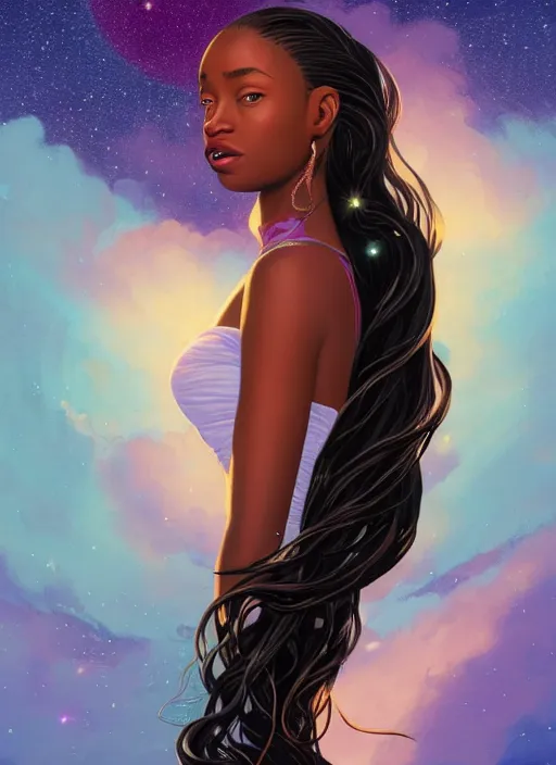 Image similar to full - length portrait of a young black woman with long flowing hair, wearing a flowing sundress, standing in front of a starry galaxy, detailed face, fantasy, cinematic lighting, digital art painting, fine details by realistic shaded lighting poster by ilya kuvshinov katsuhiro otomo, magali villeneuve, artgerm, jeremy lipkin and michael garmash and rob rey