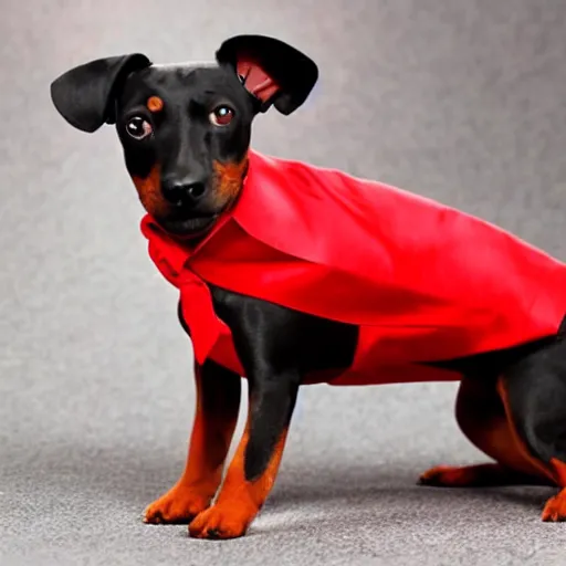 Prompt: pinscher wearing a black tuxedo and a red tie