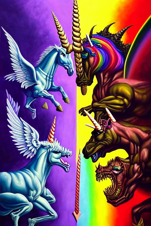 Prompt: a hyperrealistic painting of an epic boss fight against a rainbow shaded unicorn vs an ornate supreme dark overlord, cinematic horror by chris cunningham, lisa frank, richard corben, highly detailed, vivid color,
