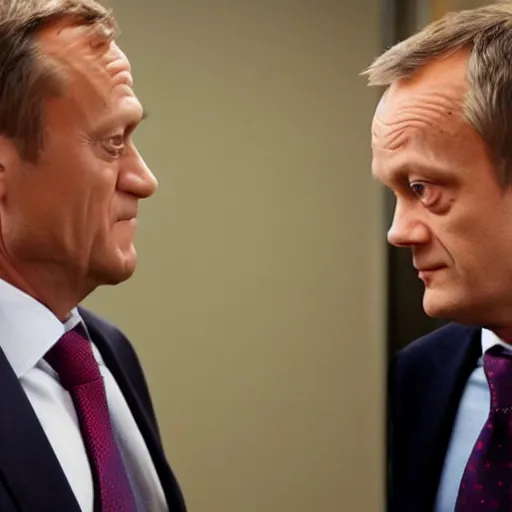 Image similar to Donald Tusk in a still from the american sitcom The Office