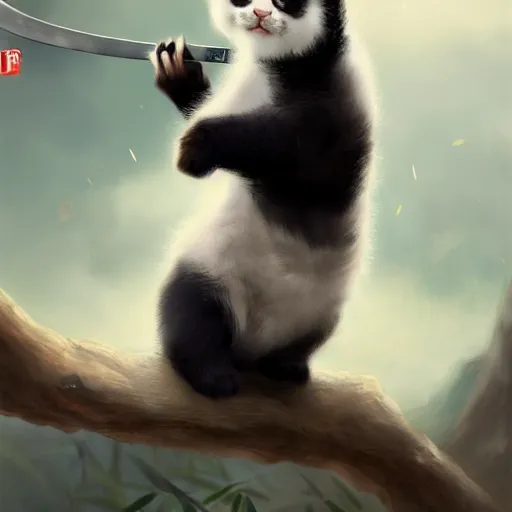 Image similar to cute kitten with panda body and cat face, in a kimono, holds a sword, artwork by greg rutkowski, highly detailed, matte painting 4 k