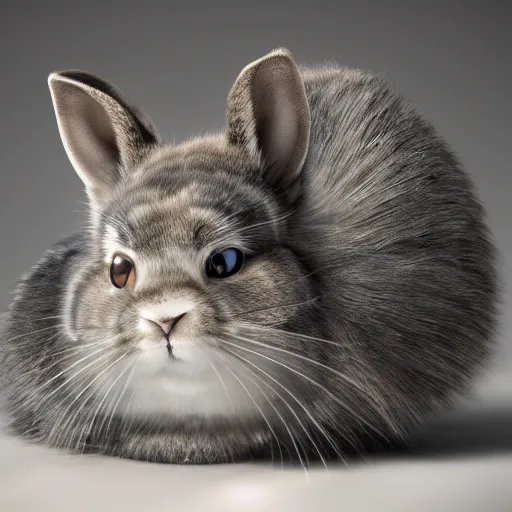 Prompt: Ultrawide photo of a rabbit and cat hybrid, highly detailed, photorealistic, 4k