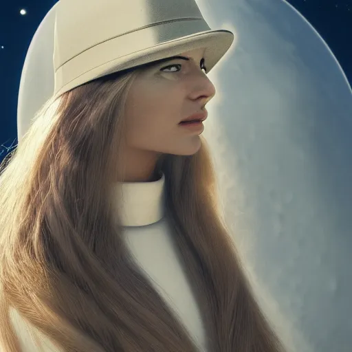 Prompt: a portrait of a beautiful woman standing by a space ship by tim walker, long hair, aged 2 5, swedish, wearing a travel hat, photo realistic, real life, photograph, 3 5 mm, octane render, trending on artstation