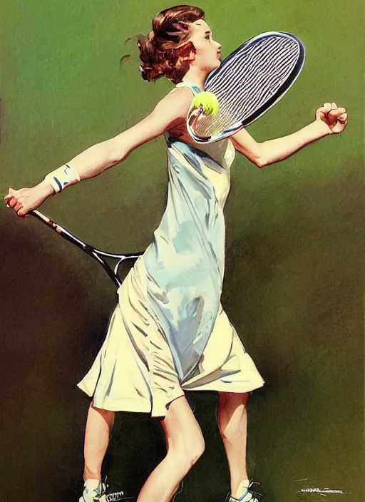 Image similar to a copic maker art nouveau portrait of a russian beautiful girl playing tennis at high speed wearing a futuristic anorak designed by balenciaga by john berkey norman rockwell