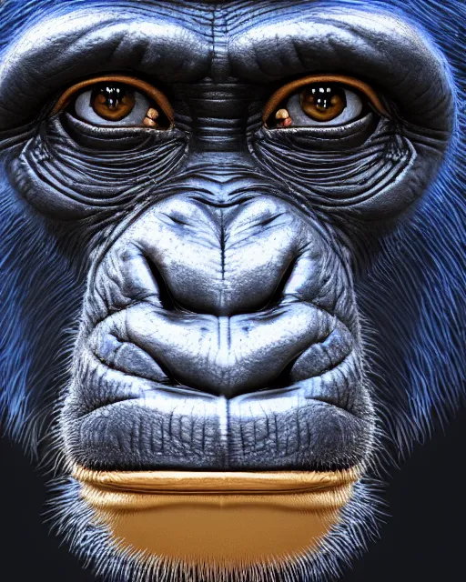 Image similar to gold, blue, very detailed high resolution portrait of a chimpanzee, 3 d, 8 k, extremely detailed, artstation