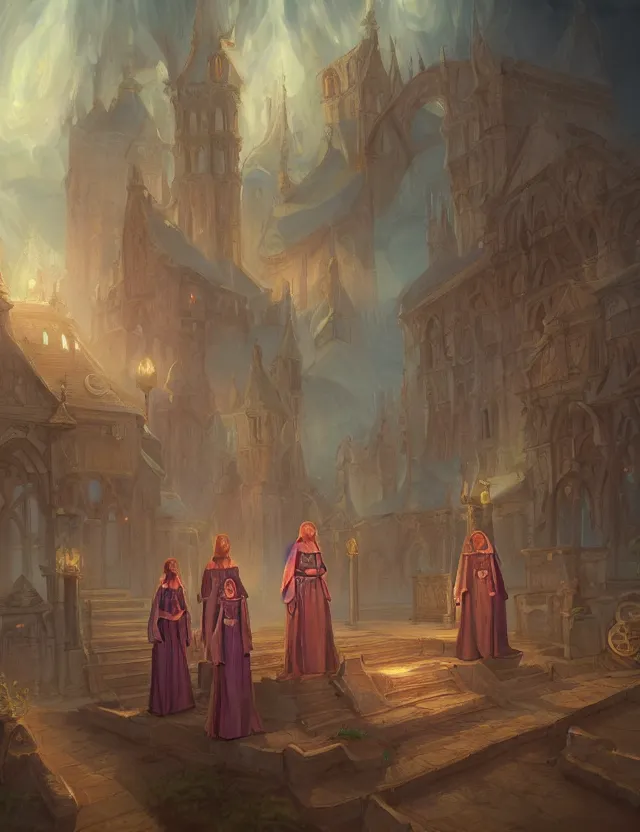 Image similar to the order of sisters of divinity. this oil painting by the award - winning concept artist has cinematic lighting, an interesting color scheme and intricate details.