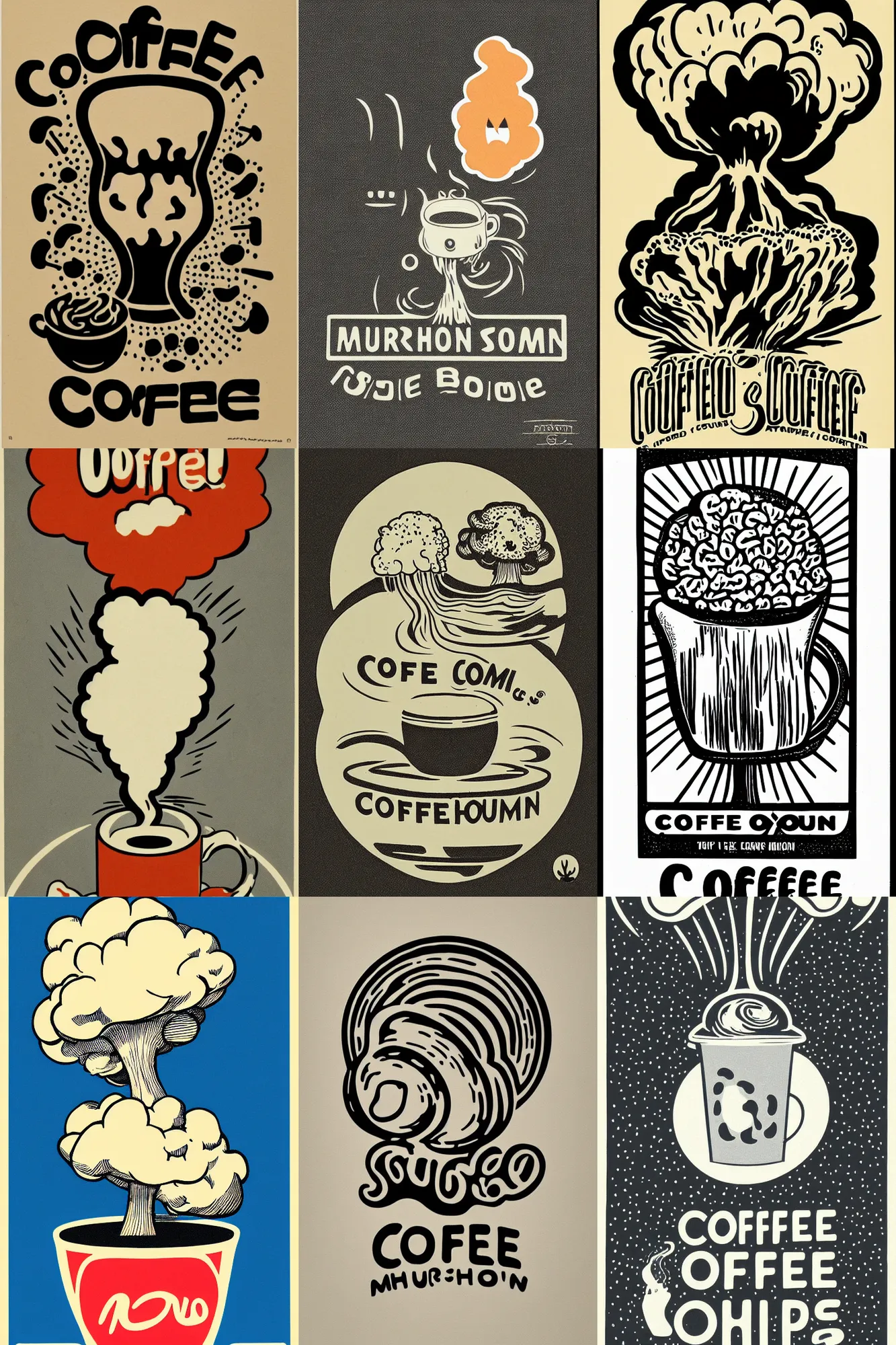Prompt: coffee logo, featuring a mushroom cloud coming out of a cup, the cloud looks like brains, by mcbess, full colour print, vintage colours, 1960s