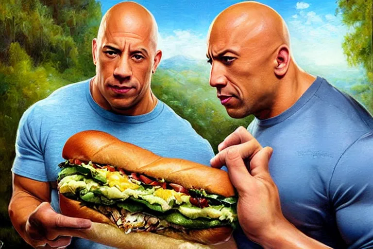 Prompt: portrait of vin diesel and dwayne the rock johnson sharing a footlong sub sandwich, an oil painting by ross tran and thomas kincade