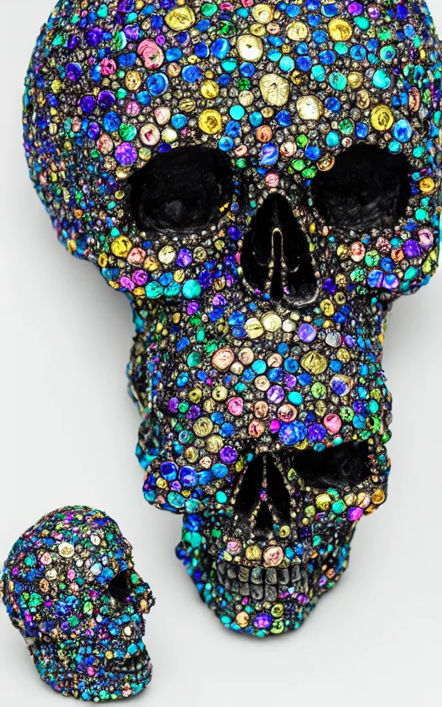 Image similar to jewelry skull made of prismatic crystals, dark background, studio shot