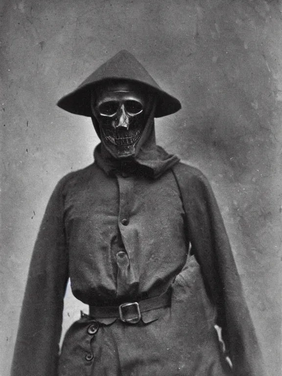 Image similar to portrait of grim reaper with no face, ww1 photo, grainy, high detail, high resolution,