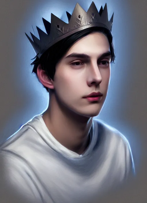 Image similar to portrait of teenage jughead jones wearing a light grey crown, photorealistic, crown, eyes closed, crown, black hair, intricate, elegant, glowing lights, highly detailed, digital painting, artstation, concept art, smooth, sharp focus, illustration, art by wlop, mars ravelo and greg rutkowski