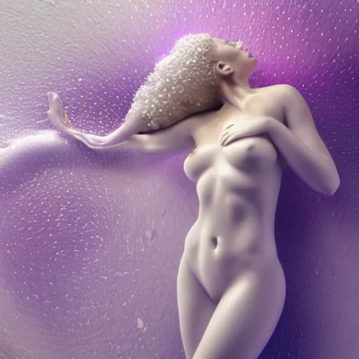 Prompt: 3 d pyro liquid simulation render, octane render, xparticles, white colors, female bodies, female body covered in white blanket, white carved abstract sculpture, amethyst mineral quartz, swirly curls, abstract white fluid, golden edges and fractals, cold colors, artstation, render, cinema 4 d, art noveau fresco