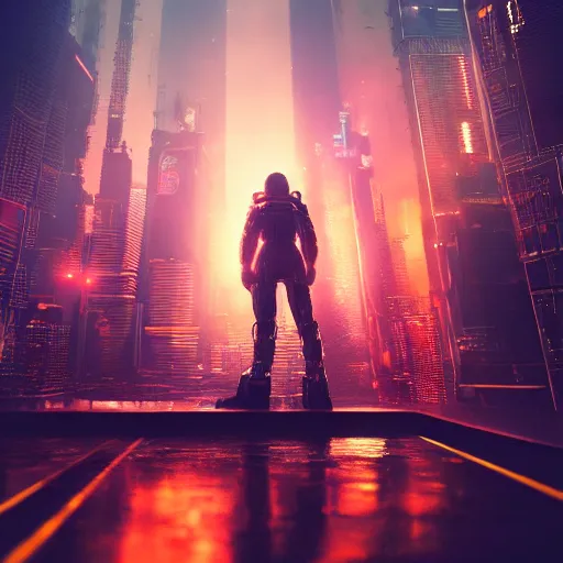 Image similar to professional photo of astronaut from low angle shot with cyberpunk city on background, blade runner, hyperrealistic masterpiece, trending on artstation, cgsociety, kodakchrome, golden ratio, cinematic, composition, beautiful lighting, hyper detailed, sharp focus, octane render, 4 k, unreal engine