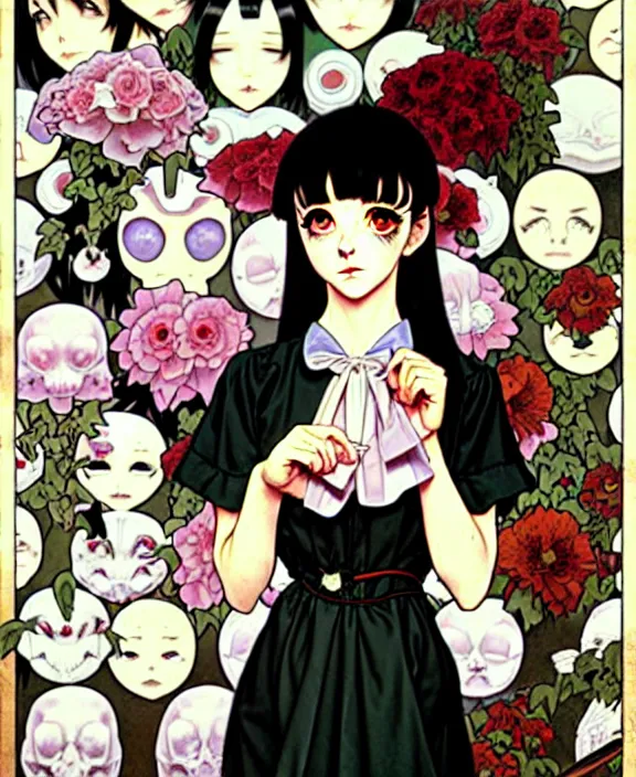 Image similar to portrait of a morbid 18 year old young woman wearing a cottage-core aesthetic dress with straight silky black hair, in a butcher shop, queen of sharp razor blades, in the style of Range Murata and by Alphonse Mucha and by Katsuhiro Otomo.