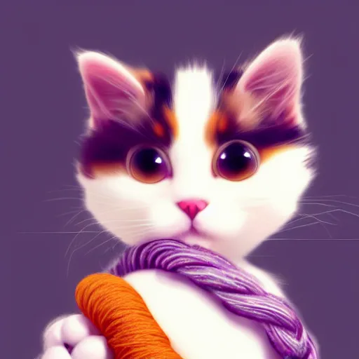 Image similar to a cute calico cat playing with a ball of yarn, artstation, cgsociety, storybook art