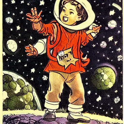 Image similar to a cute little girl with a mischievous face and short brown wavy curly hair. she is dressed as an astronaut. well composed, clean elegant painting, beautiful detailed face. comic book art by steve ditko and jack kirby and ( arthur rackham )