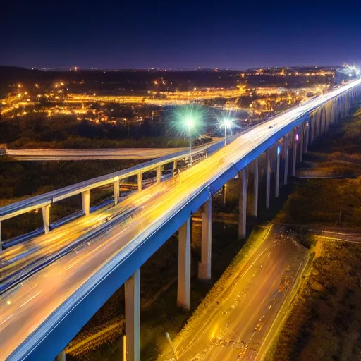 Prompt: highway bridge at night, areal view