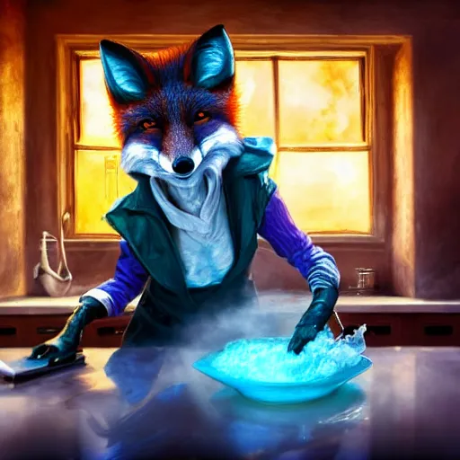 Image similar to a fox mixing chemicals in a kitchen, portrait, fantasy, beautiful face, vivid colors, elegant, concept art, sharp focus, digital art, Hyper-realistic, 4K, Unreal Engine, Highly Detailed, HD, Dramatic Lighting by Brom, trending on Artstation