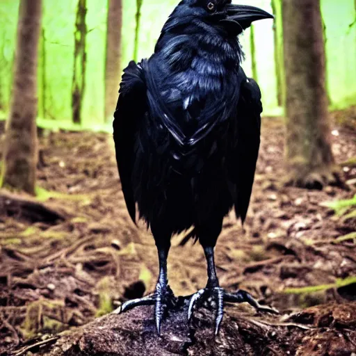 Image similar to werecreature consisting of a crow and a human, werecrow, photograph captured in a dark forest