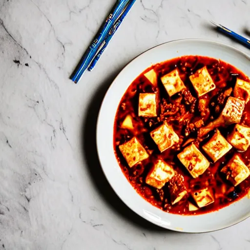 Prompt: mouthwatering mapo tofu, food photography