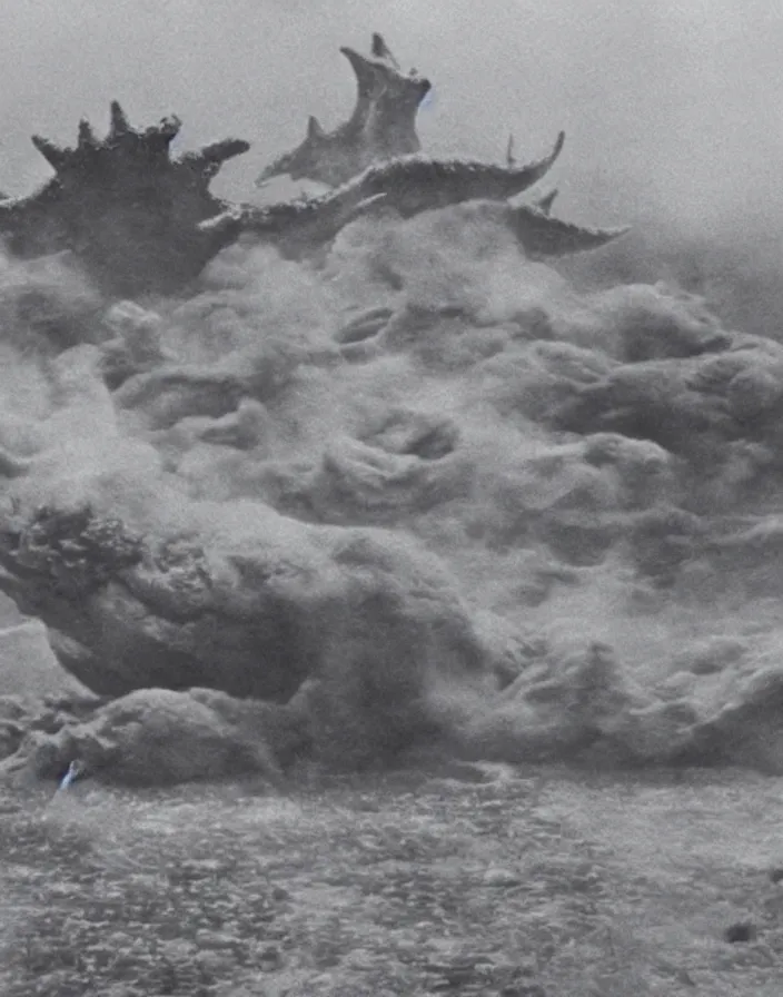 Image similar to a filmstill of a north korean monster movie, kaiju - eiga monster starfish - like trampling a traditional korean palace, foggy, film noir, epic battle, etheral, explosions, thriller, by akira kurosawa and wes anderson video compression