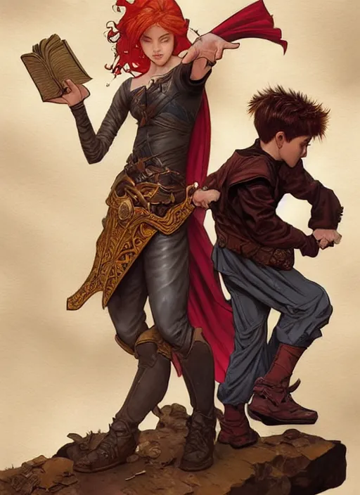 Image similar to an epic fantasy comic book style painting of a young red headed girl with a book in one arm meeting a young boy thief with blonde wearing plain brown leather thief clothes, d & d, fantasy, intricate, elegant, highly detailed, digital painting, artstation, concept art, matte, sharp focus, illustration, art by artgerm and greg rutkowski and alphonse mucha