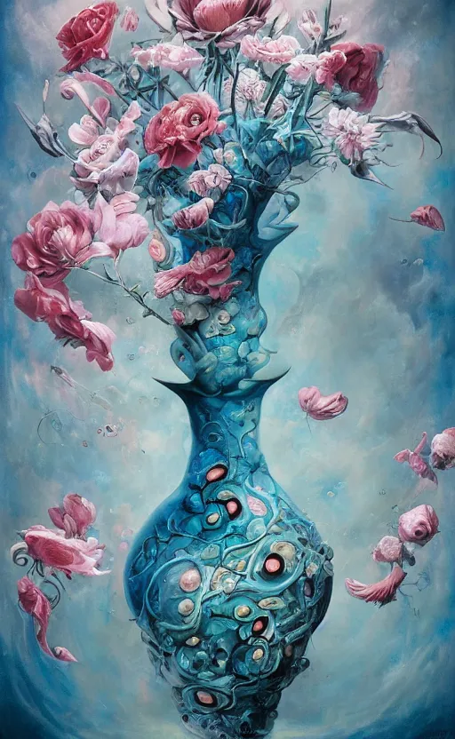 Image similar to a biomorphic painting of a vase with flowers and eyeballs in it, a surrealist painting by Marco Mazzoni, by Peter Mohrbacher, by Dorothea Tanning, pastel blues and pinks, featured on artstation, metaphysical painting, oil on canvas, fluid acrylic pour art, airbrush art,